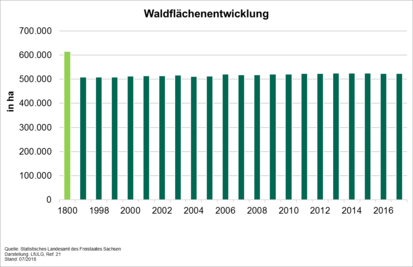 Diagramm: Waldflächenentwicklung in Sachsen in den Jahren 1800, 1997, 2002, 2007, 2009, 2012 und 2015
