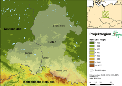 Projektregionen KLAPS, Kartenausschnitt Dreiländereck Deutschland, Tschechei, Polen