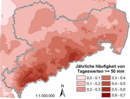 Karte: R&auml;umliche Verteilung der j&auml;hrlichen H&auml;ufigkeiten von Tagesniederschl&auml;gen