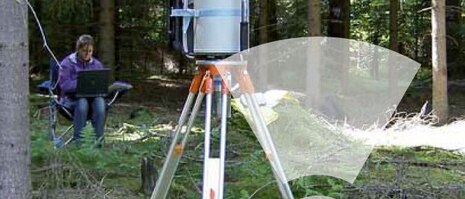 Messgerät im Wald mit Strahlenschutzsymbol