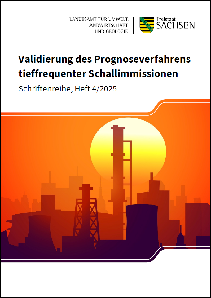 Titelbild der Publikation Validierung des Prognoseverfahrens tieffrequenter Schallimmissionen (Titel mittig), rechts oben LfULG-Logo, groß mittig Illustration einer Industrieanalage mit mehreren Häusern und Türmen vor Sonnenuntergang
