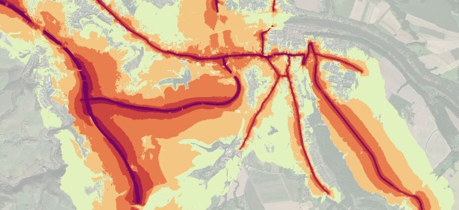 Innerstädtische Lärmkarte überlagert über einem Orthofoto