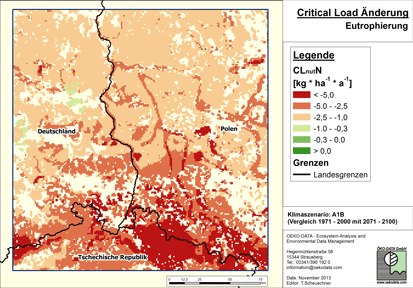 Zmiany ładunków krytycznych dla eutrofizacji dla scenariusza A1B, porównanie okresu 2071-2100 względem 1971-2000