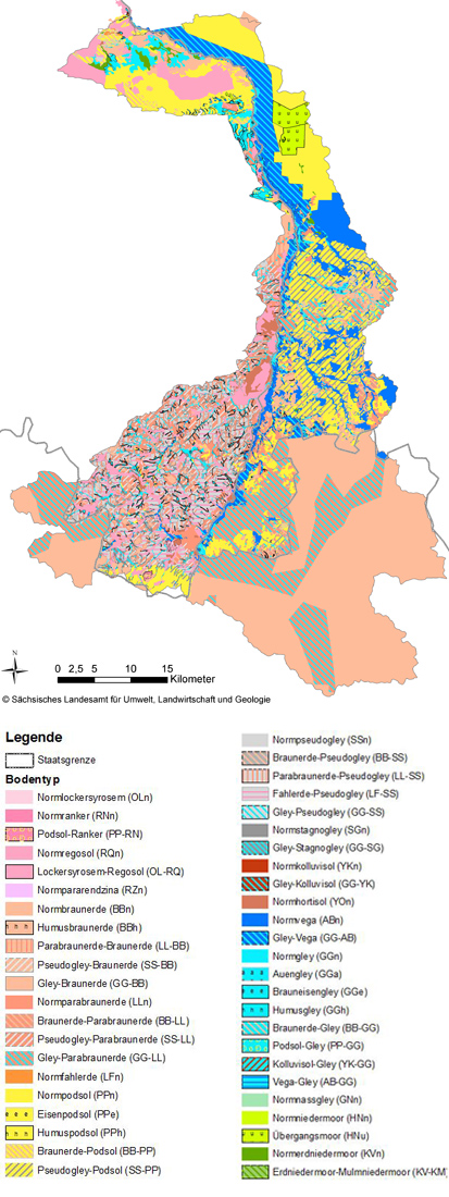 Bodentypen nach KA5 (Sachsen), landwirtschaftliche Bodenkarte Polen und europäischer Bodenatlas
