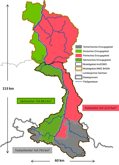 Grenzüberschreitendes Einzugsgebiet der Lausitzer Neiße (gemeinsam untersuchtes Modellgebiet schwarz umrahmt)
