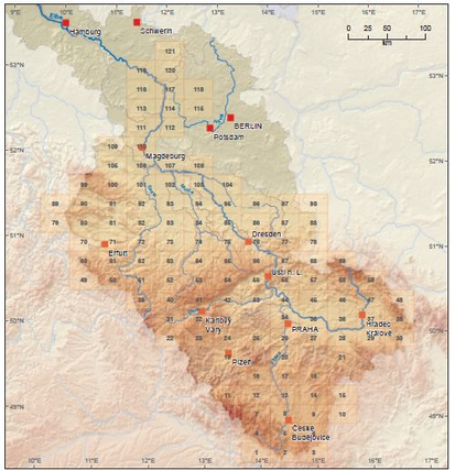 Karte: Kartenaufteilung im Elbe-Atlas (Blattschnitt für Überschwemmungsgefährdungs- und Risikokarten)