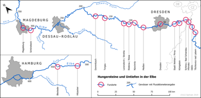 Übersichtskarte der Fundorte von Hungersteinen und Untiefen in der Elbe